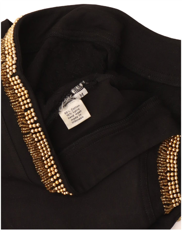 vintage Femme Manches Longues Body UK 12 Moyen Noir Coton