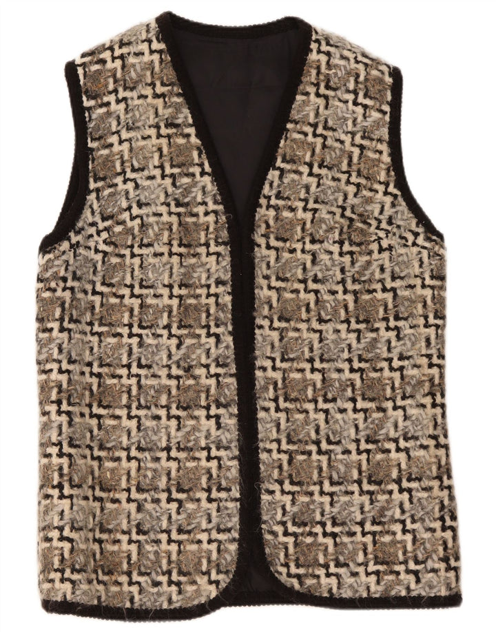vintage Womens Open Gilet UK 14 Moyen Beige Géométrique