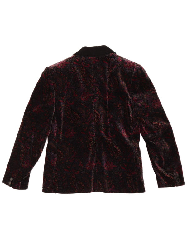 vintage Femmes 1 Bouton Velours Blazer Veste UK 12 Moyen Bourgogne Floral