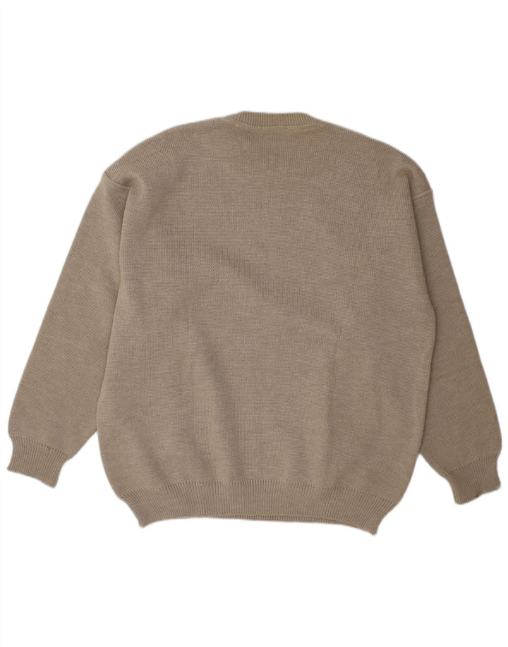 vintage Mens Crew Neck Jumper Pull Grande laine rayée grise