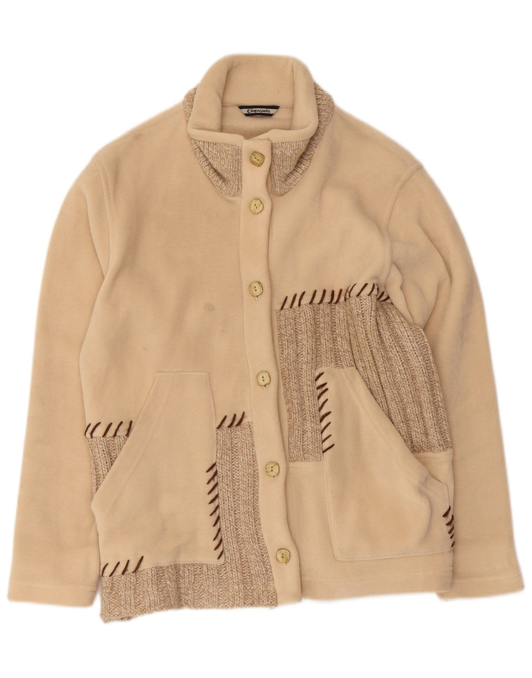 vintage Femme Veste polaire surdimensionnée UK 10 Petit Colorblock Beige