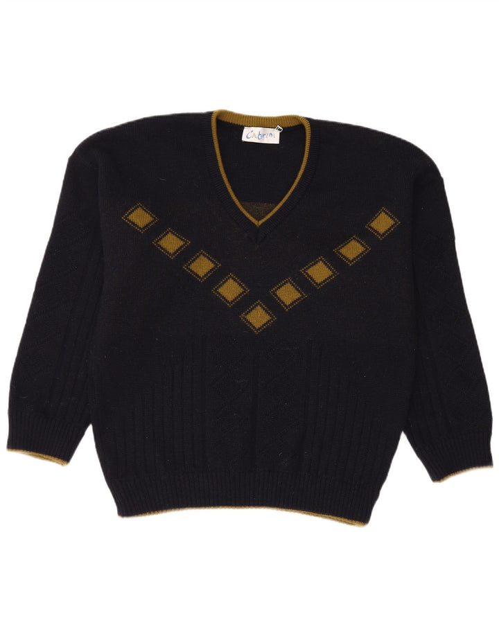 Cabrini Pull col V pour homme en laine bleu marine à losanges/diamants