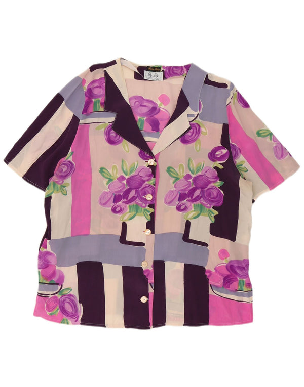 vintage Femmes Chemise à manches courtes Blouse UK 18 XL Violet Floral Soie