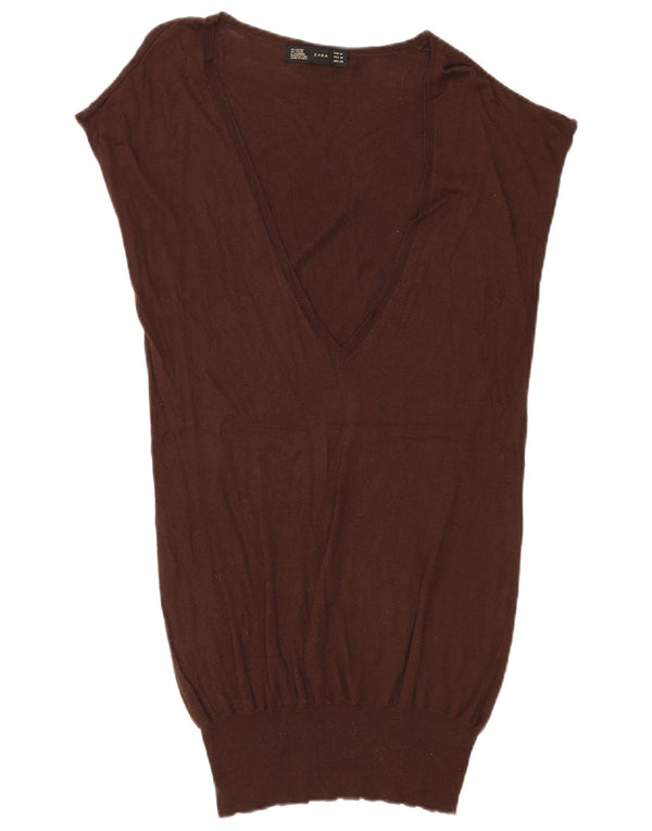 Zara Womens Longline Vest Débardeur Rayonne Marron Moyen