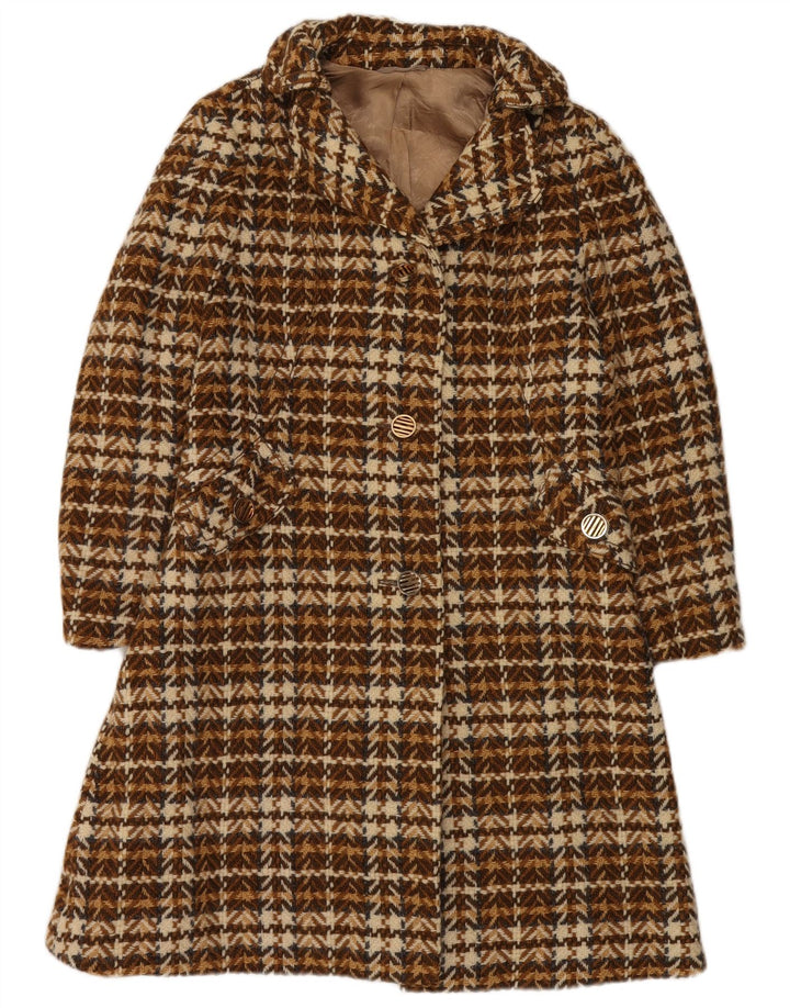 vintage Womens Overcoat UK 8 Petite laine à chevrons bruns