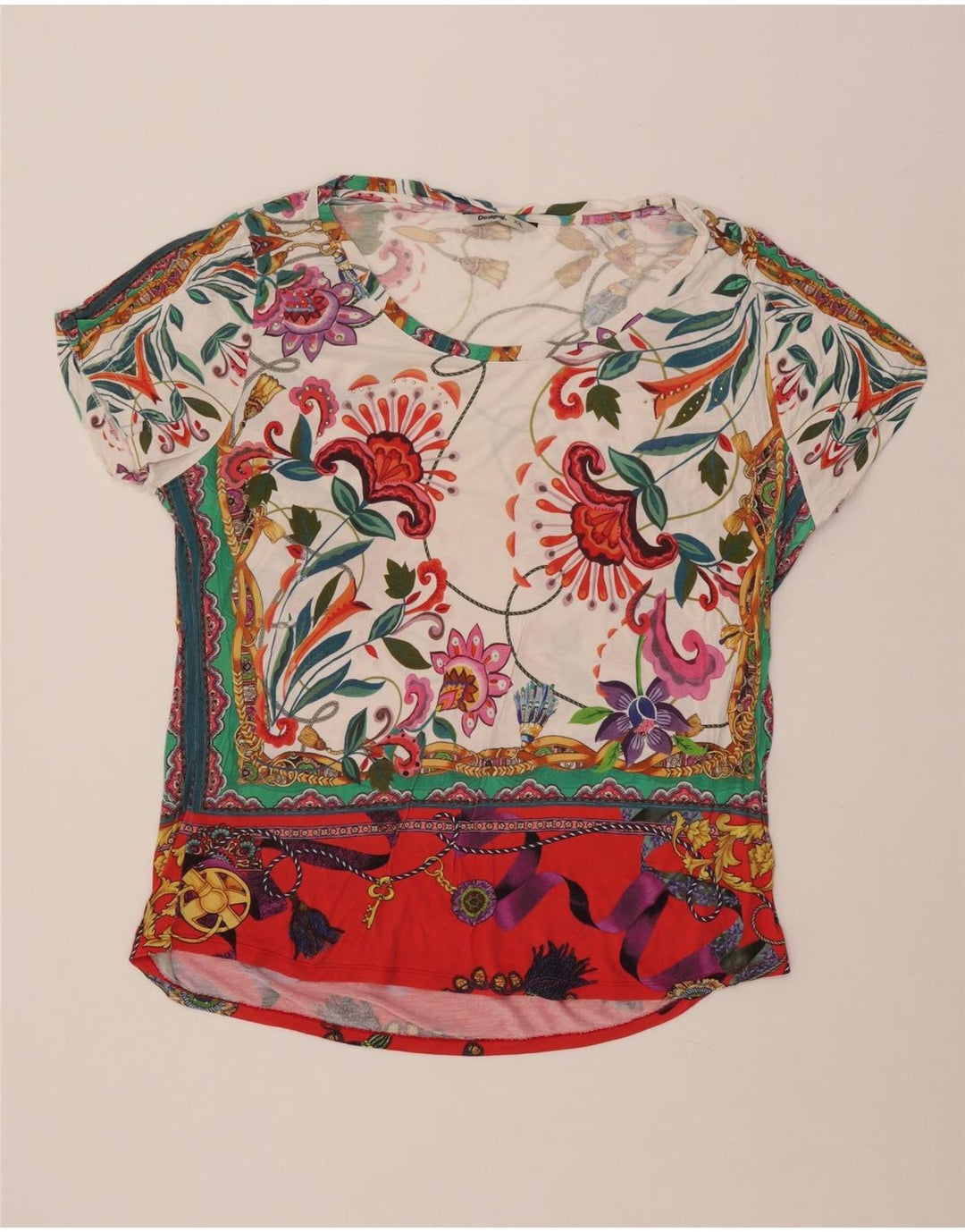 DESIGUAL T-Shirt Graphique Femme UK 20 2XL Viscose Florale Multicolore