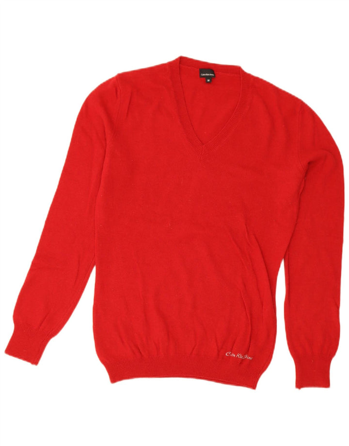 Calvin Klein Jeans Pull col en V pour femme UK 12 Laine rouge moyen