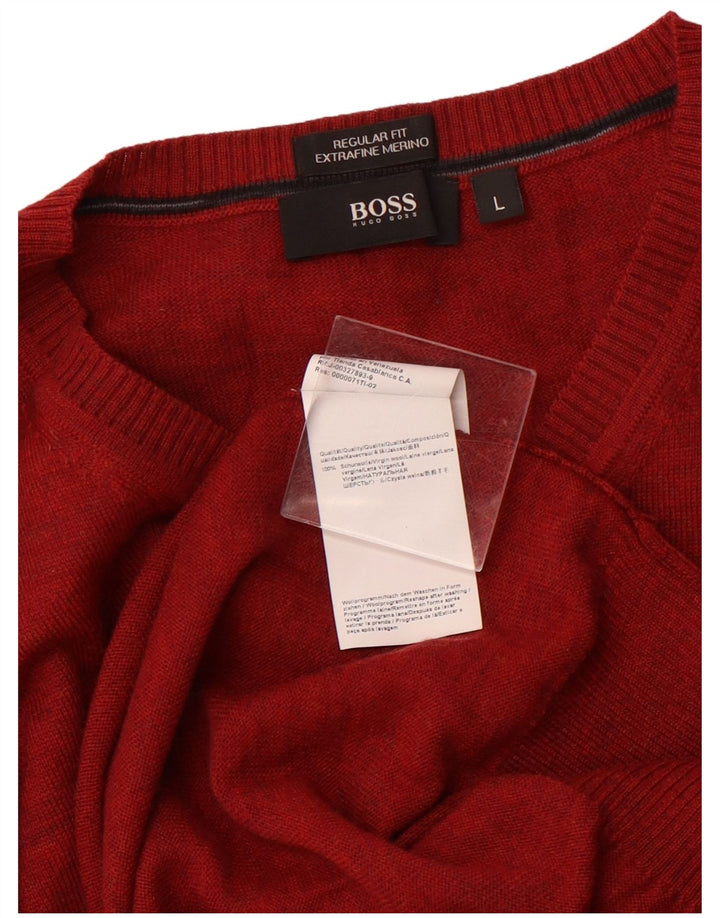 HUGO BOSS Homme Regular Fit V-neck Jumper Sweater Large Rouge Laine Vierge