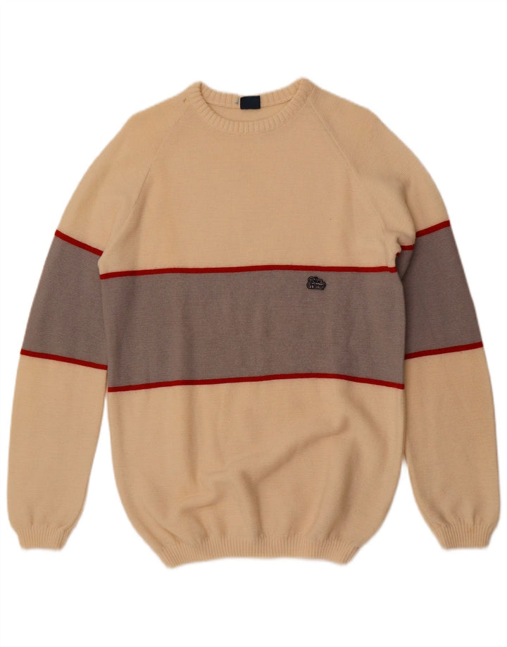 vintage Mens Crew Neck Jumper Pull Petit Off White Colourblock Laine
