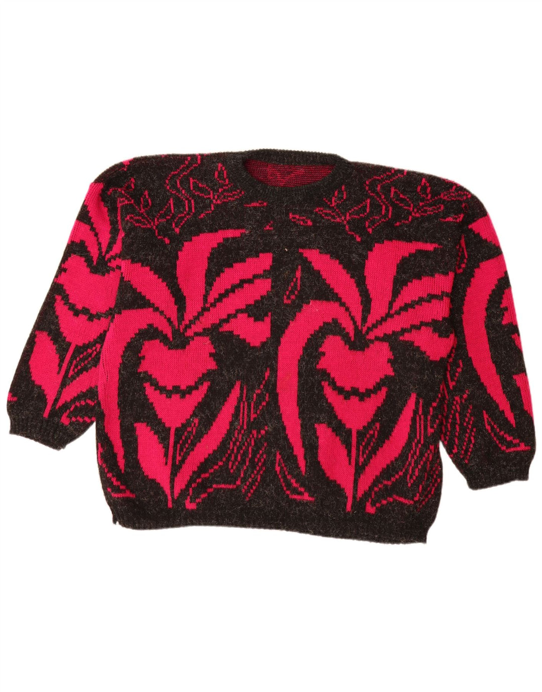 VINTAGE Femmes Bateau Cou Jumper Pull UK 20 2XL Noir Floral Acrylique