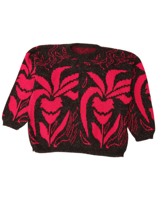 VINTAGE Femmes Bateau Cou Jumper Pull UK 20 2XL Noir Floral Acrylique