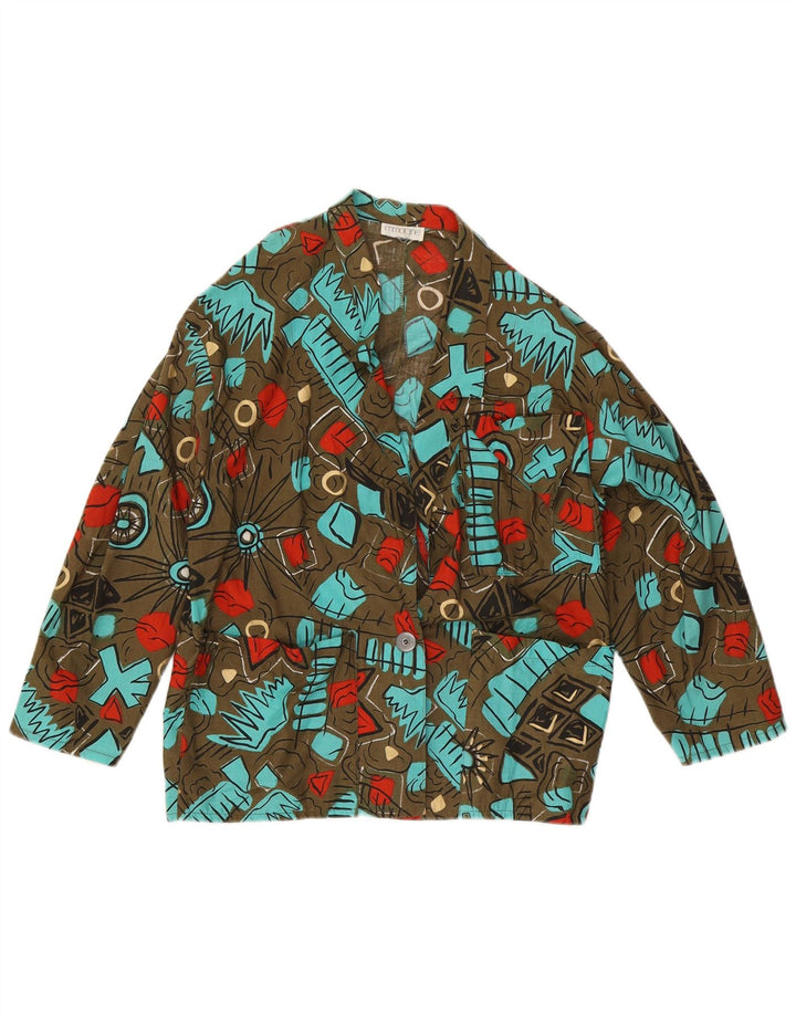 vintage Femmes Motif Abstrait 1 Bouton Blazer Veste UK 14 Grand Kaki