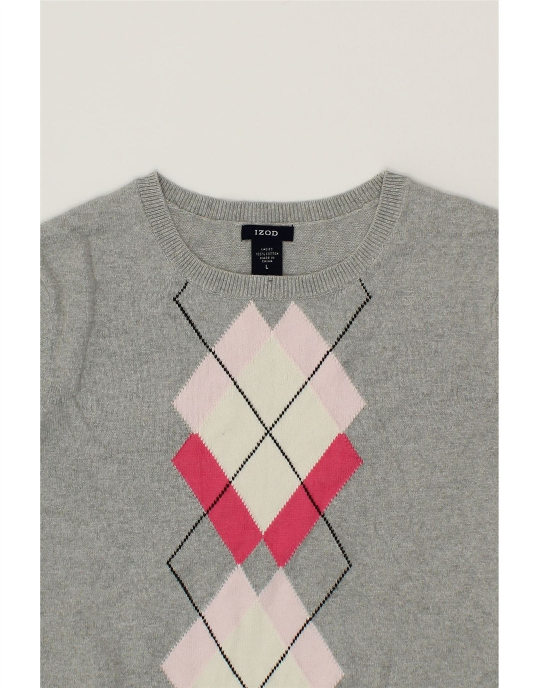 IZOD Womens Crew Neck Jumper Sweater UK 16 Large Grey Argyle/Diamond Vintage Izod and Second-Hand Izod from Messina Hembry 