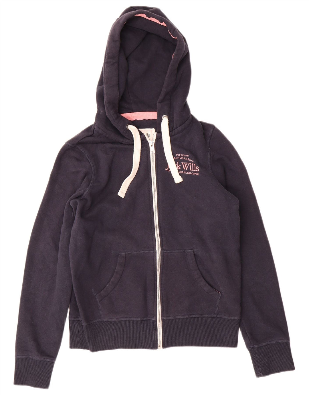 JACK WILLS Pull à capuche zippé graphique pour femme UK 8 Petit coton bleu marine