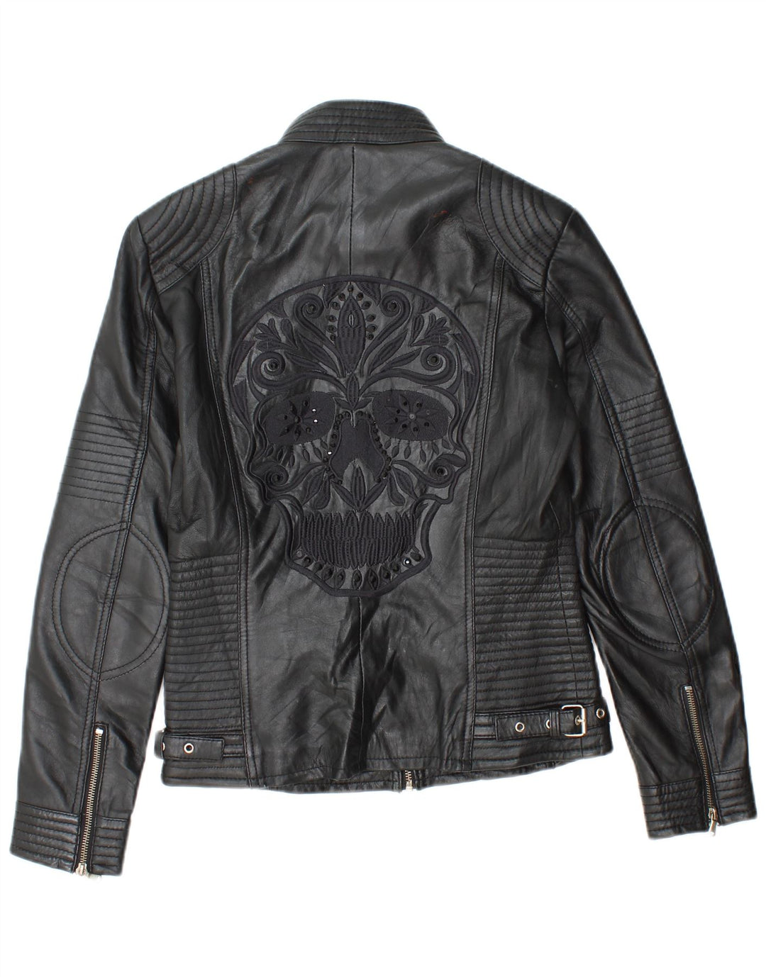 Veste de motard en cuir graphique femme vintage EU 38 Cuir noir moyen
