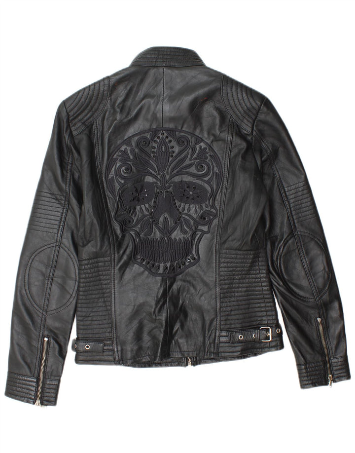 Veste de motard en cuir graphique femme vintage EU 38 Cuir noir moyen
