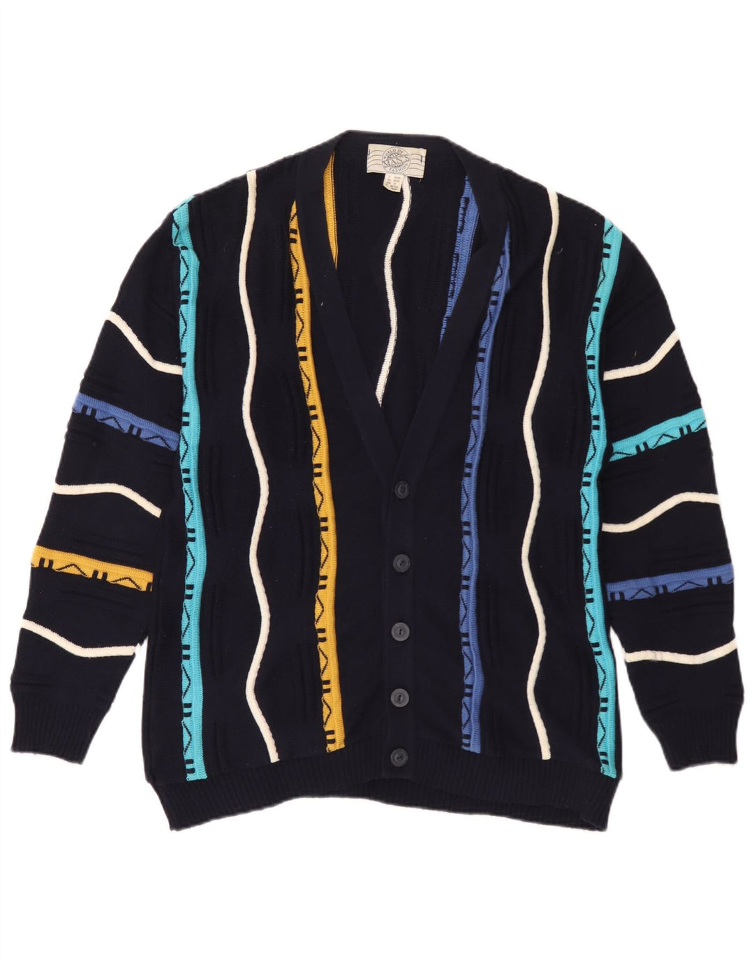 vintage Mens Cardigan Pull Moyen Bleu Marine Rayé Coton