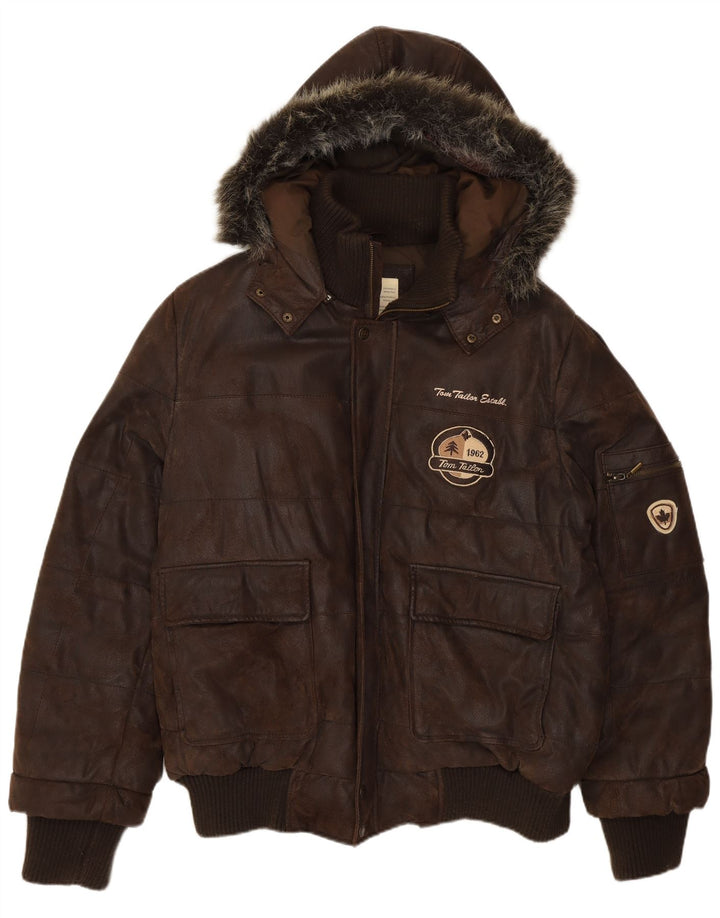 Tom Tailor Veste bomber en cuir graphique pour homme UK 40 Grand cuir marron