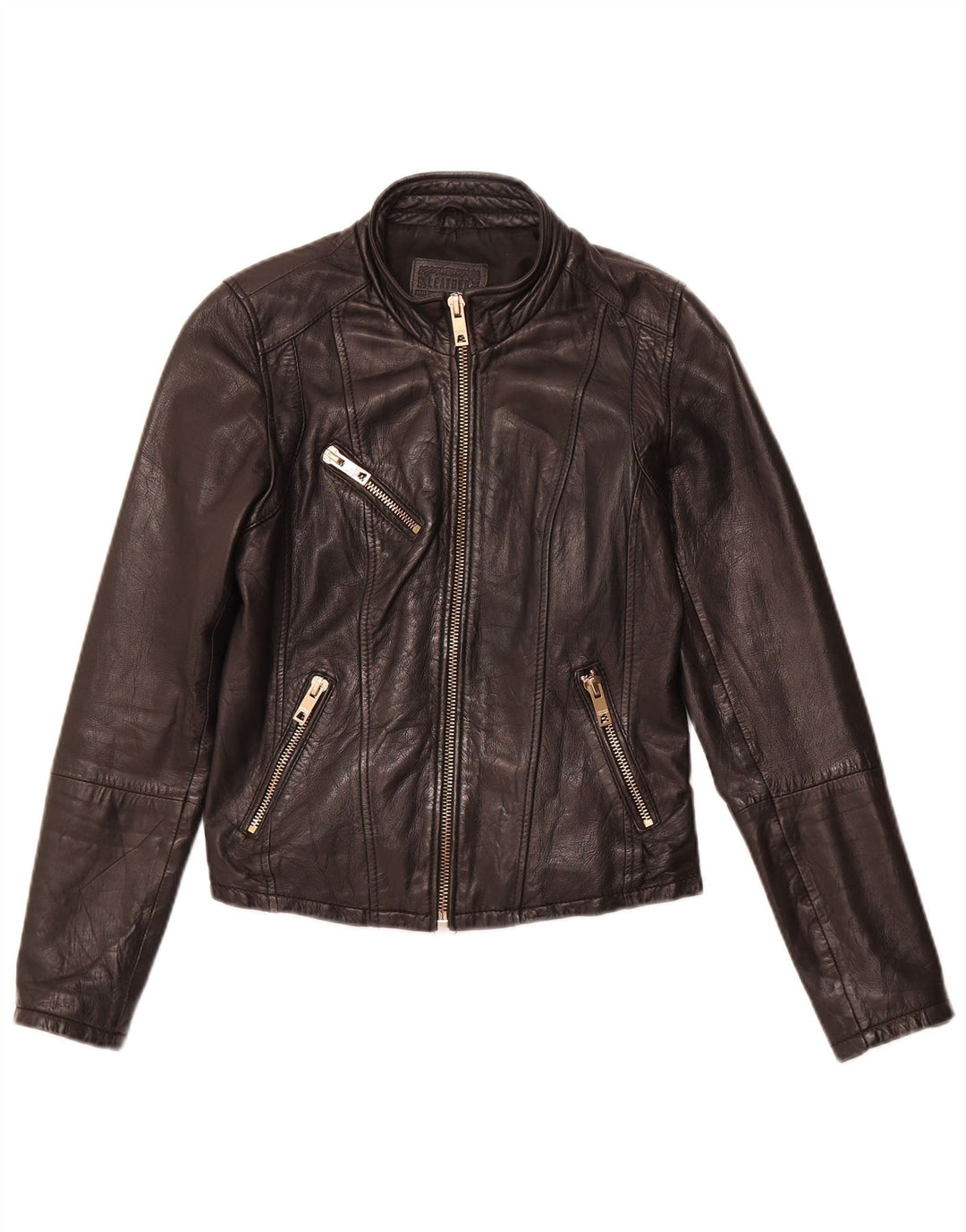 BERSHKA Veste en cuir femme UK 12 Cuir noir moyen