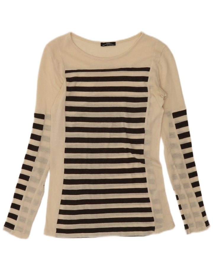 Zara Femme Top Manches Longues UK 8 Petit Rayé Beige