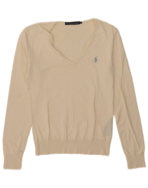 Ralph Lauren Pull col en V pour femme UK 12 Medium Off White Coton
