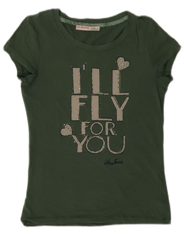 Liu Jo T-Shirt Graphique Femme UK 6 XS Vert Coton