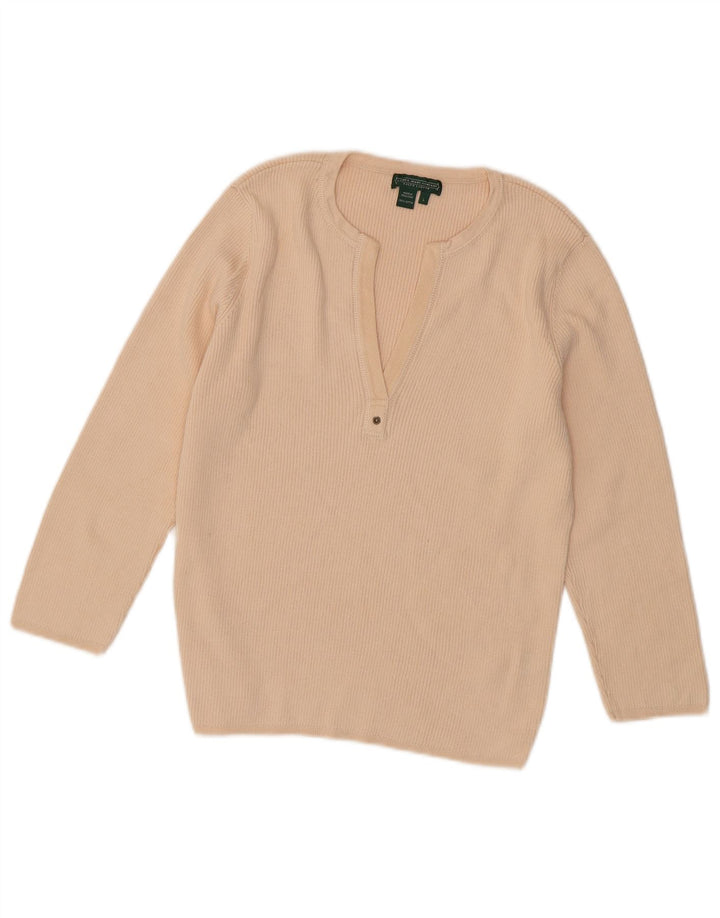 RALPH LAUREN Pull à manches 3/4 et col en V pour femme UK 14 Large Beige