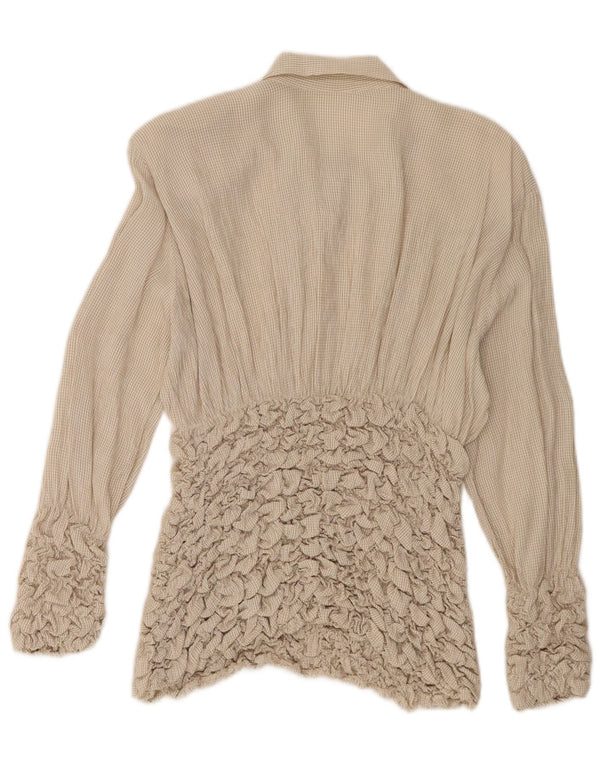 vintage Femme Manches Longues Blouse Top UK 10 Petit Beige Check Acétate