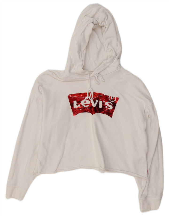 LEVI'S Pull à capuche court surdimensionné pour femme UK 14 en coton blanc moyen