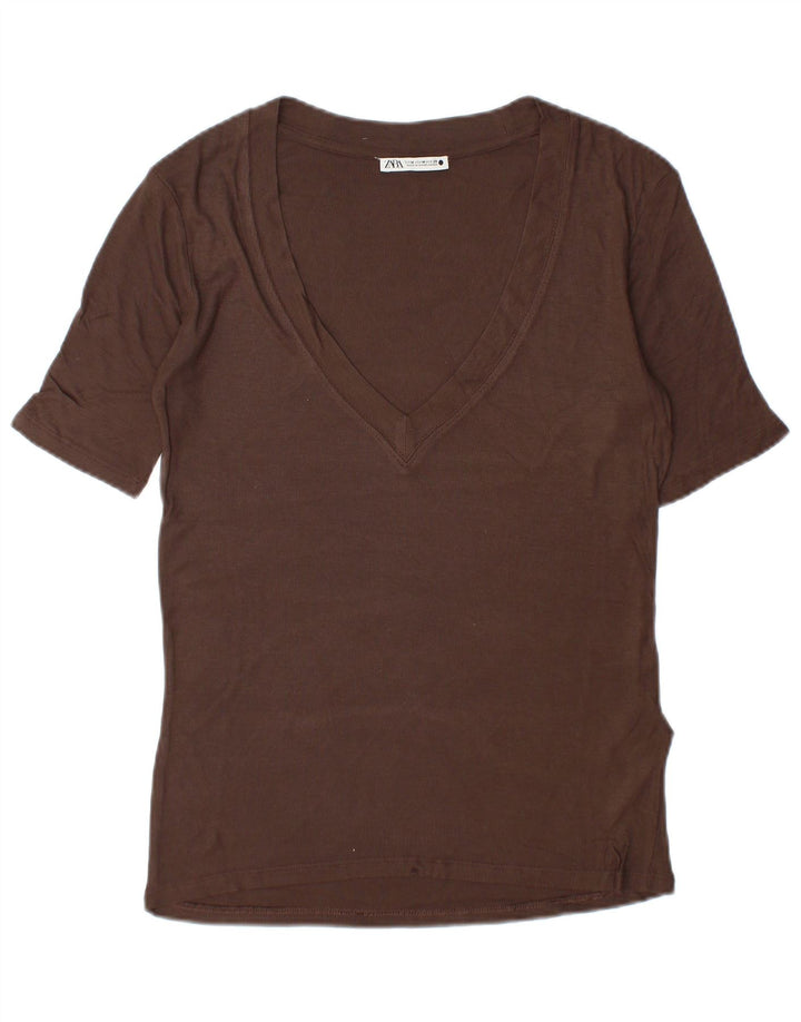 Zara T-Shirt Femme UK 14 Viscose Marron Moyen