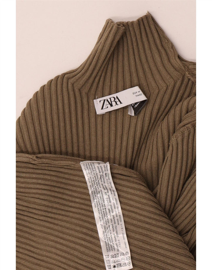 Zara Femme Haut Court Col Roulé Manches Longues UK 12 Medium Kaki Viscose