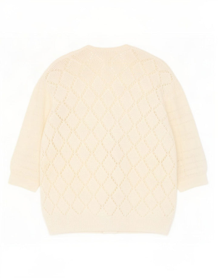 vintage Femmes Voir à travers Cardigan Pull UK 14 Moyen Blanc Moucheté
