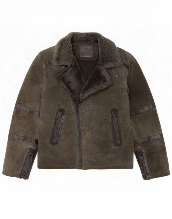 Zara Veste de motard en daim pour homme UK 40 Large Kaki