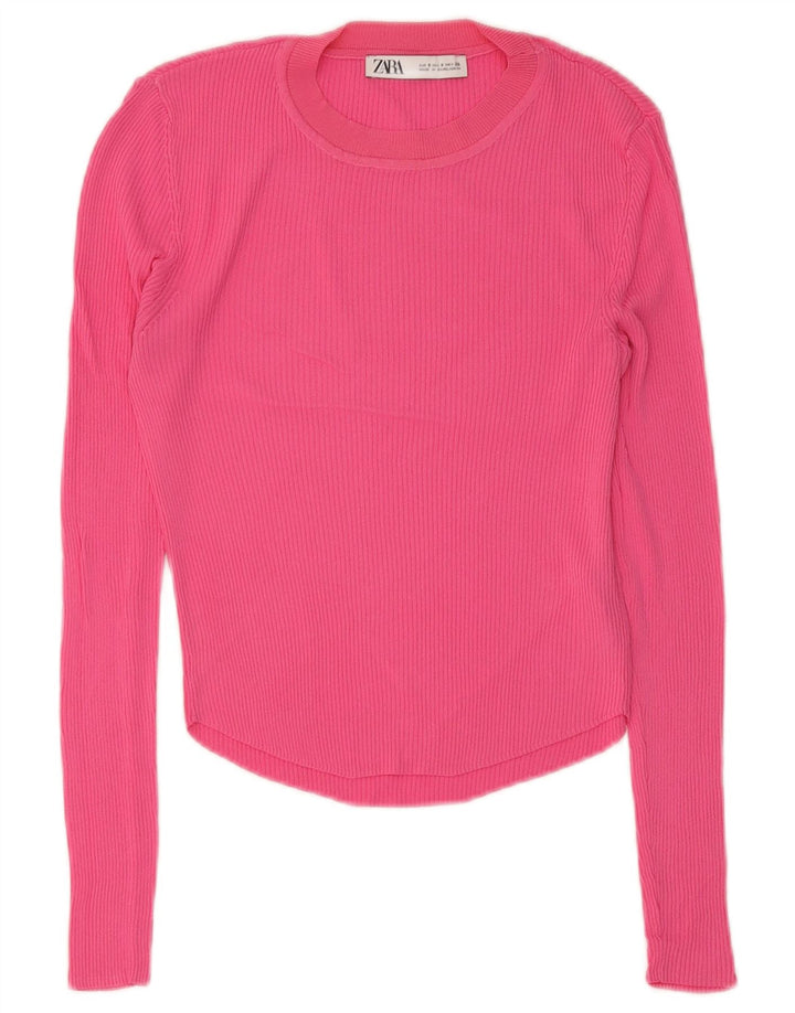 Zara Femme Haut Régulier Manches Longues UK 8 Petite Viscose Rose
