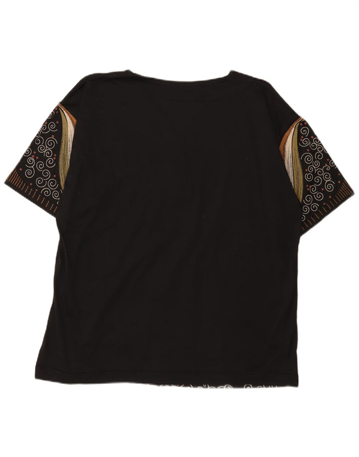 vintage Femmes Motif Abstrait Graphique T-Shirt Top UK 16 Grand Noir