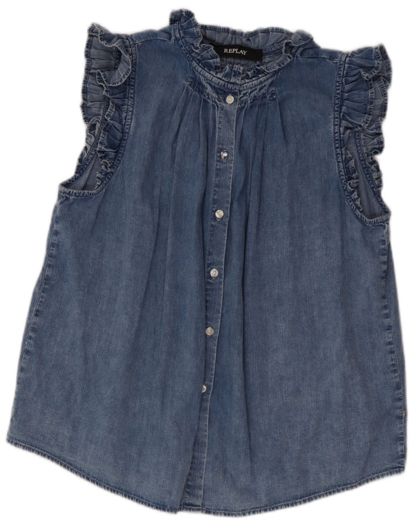 Replay Chemisier en jean à manches courtes pour femme UK 44 Bleu moyen Coton