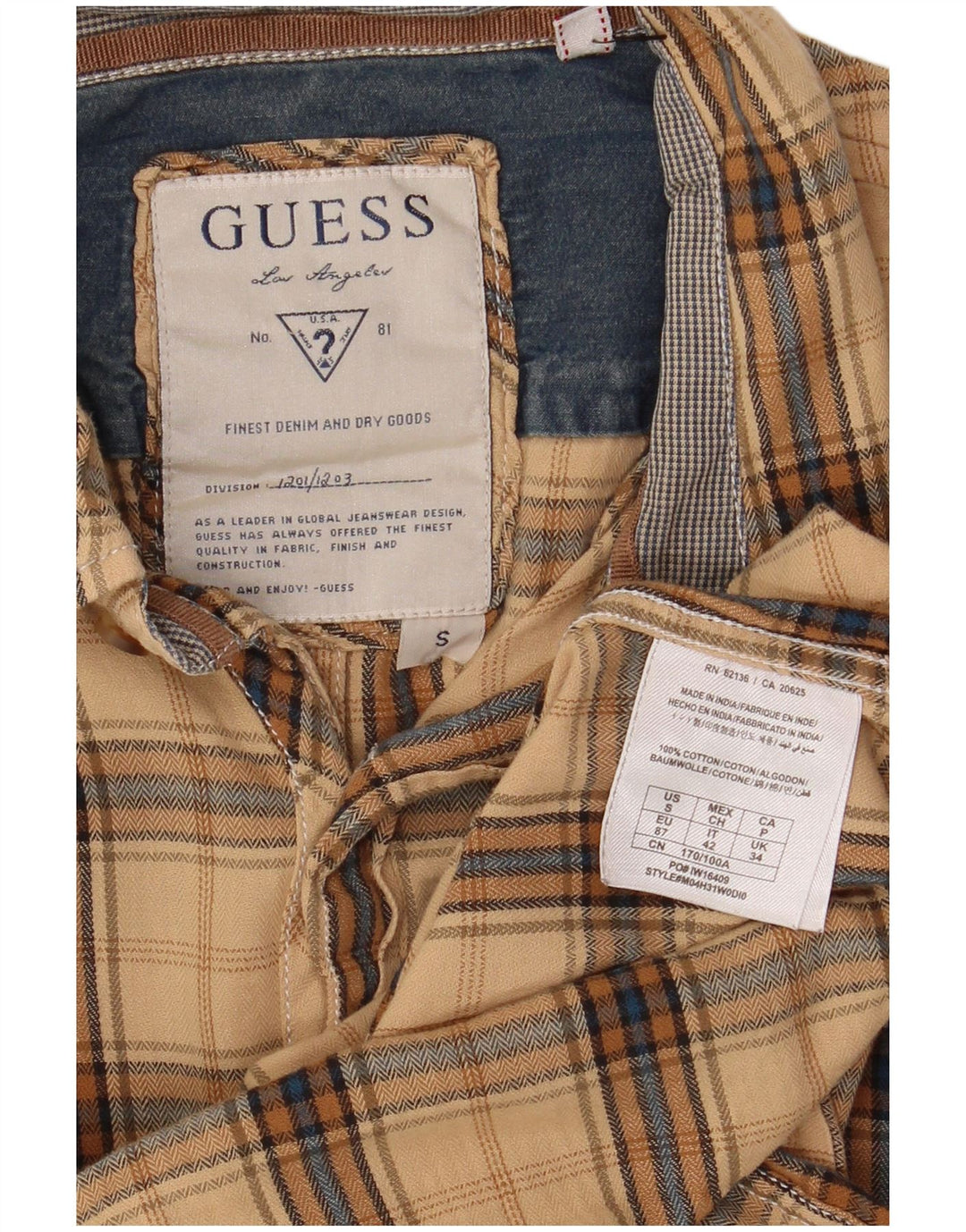 Guess Chemise en flanelle pour homme en coton à petits carreaux beige