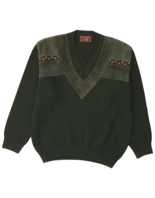 MALAGRIDA Mens V-Neck Jumper Sweater Large Green Geometric Polyacrylic