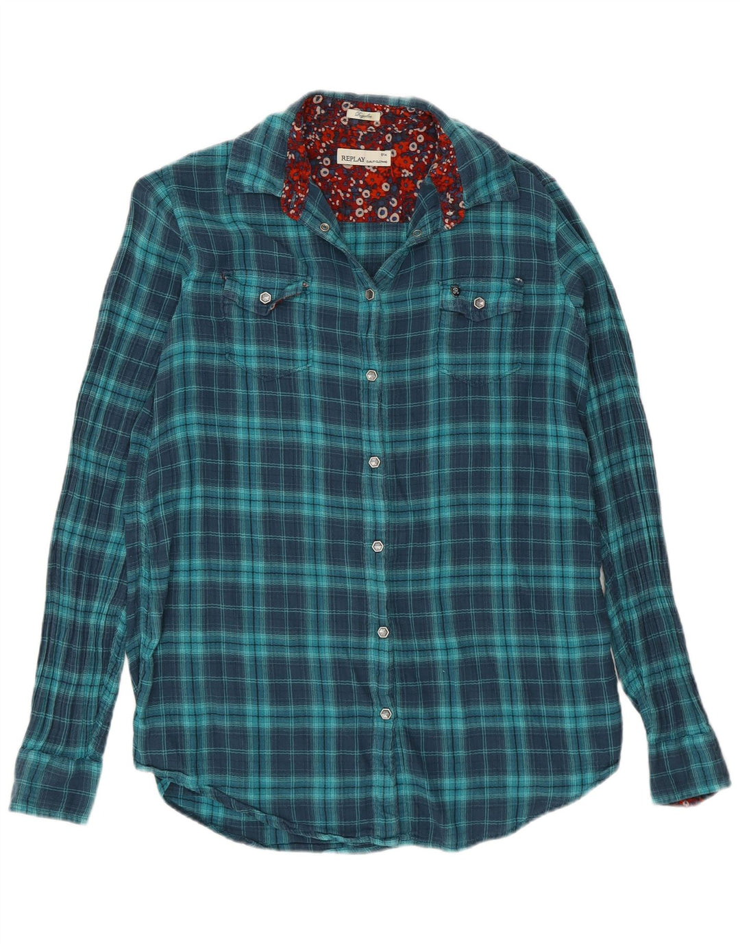 Replay Chemise régulière en flanelle pour femme UK 10 Petit carreaux bleus en coton