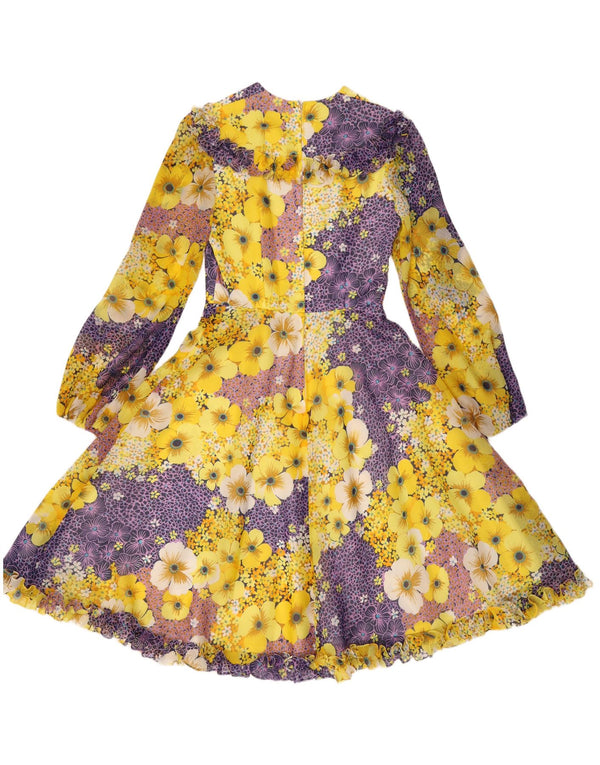 vintage Femmes Ruffle Front Maxi Robe UK 10 Petit Jaune Floral