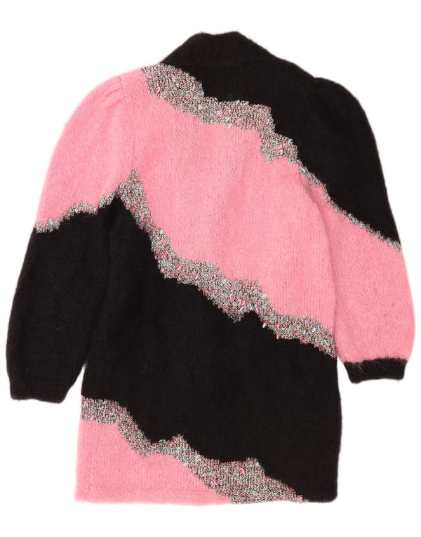 vintage Femme Longline Cardigan Pull UK 14 Medium Pink Colourblock