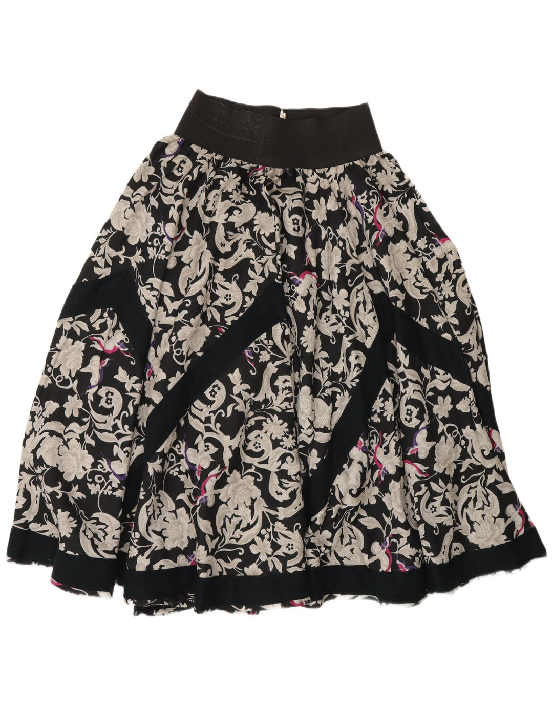 vintage Femme Jupe Évasée Moyenne W26 Viscose Florale Noire