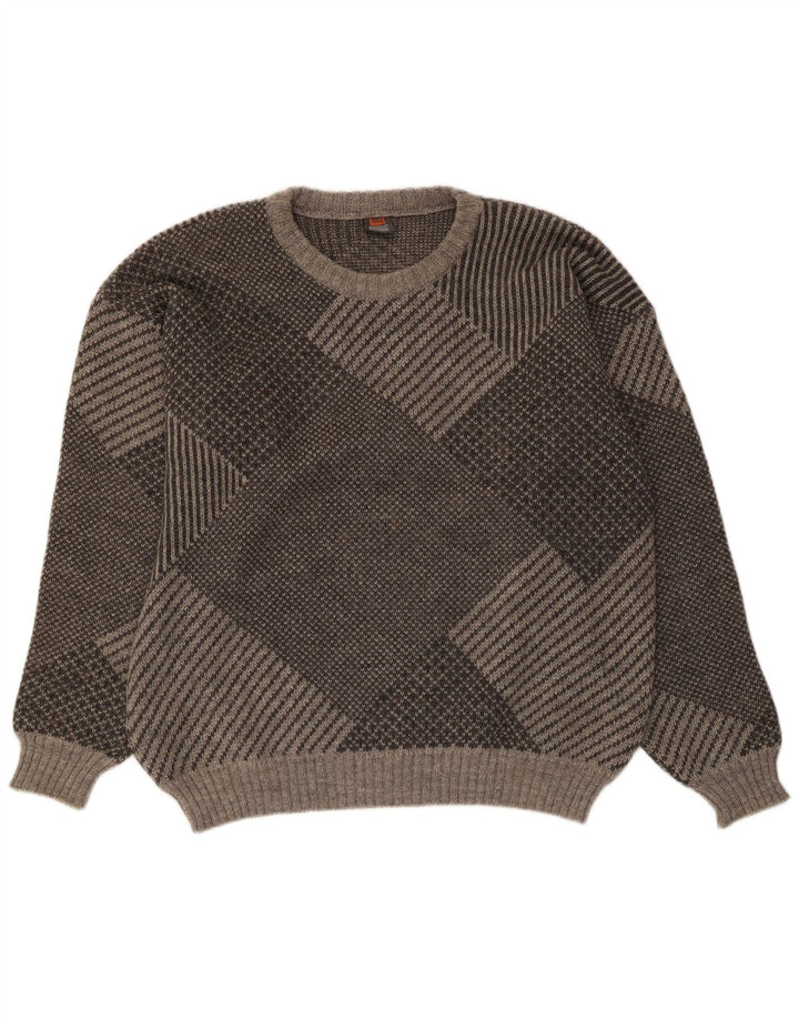 VINTAGE Pull ras du cou pour homme IT 56 2XL Gris Géométrique