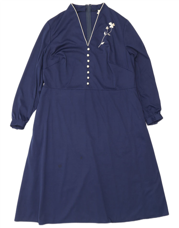 vintage Femme Manches Longues Maxi Robe IT 50 XL Bleu Marine Polyester