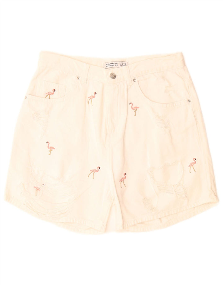 Zara Short en jean à motif abstrait pour femme EU 40 Medium W28 Blanc cassé