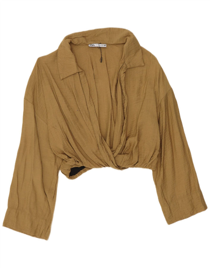 Zara Womens Crop Blouse Top UK 16 Large Kaki Viscose