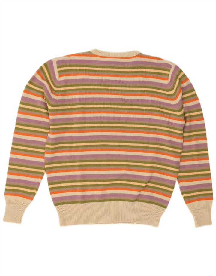 vintage Mens Crew Neck Jumper Pull Grand Acrylique Rayé Multicolore
