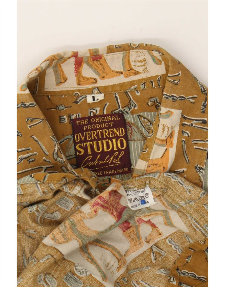 vintage Mens Graphic Chemise à manches courtes Grand Kaki Patchwork Viscose