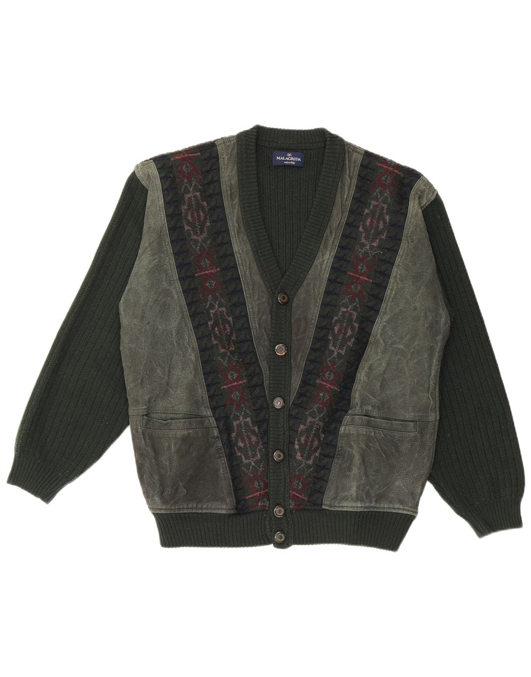 MALAGRIDA Pull Cardigan Homme Vert Moyen Géométrique Laine Vierge