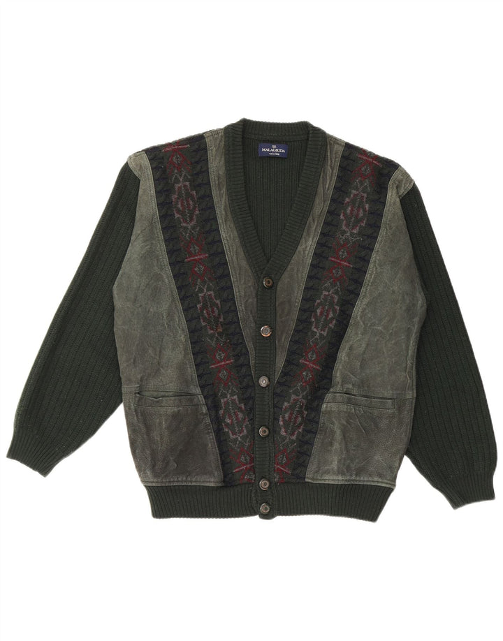 MALAGRIDA Pull Cardigan Homme Vert Moyen Géométrique Laine Vierge